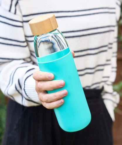 Glass Water Bottle with Bamboo Lid & Coloured Silicone Sleeve 540ml Assorted Colours-Bargainia.com