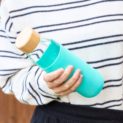 Glass Water Bottle with Bamboo Lid & Coloured Silicone Sleeve 540ml Assorted Colours-Bargainia.com