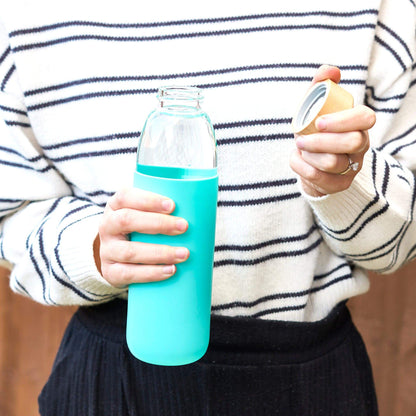 Glass Water Bottle with Bamboo Lid & Coloured Silicone Sleeve 540ml Assorted Colours-Bargainia.com