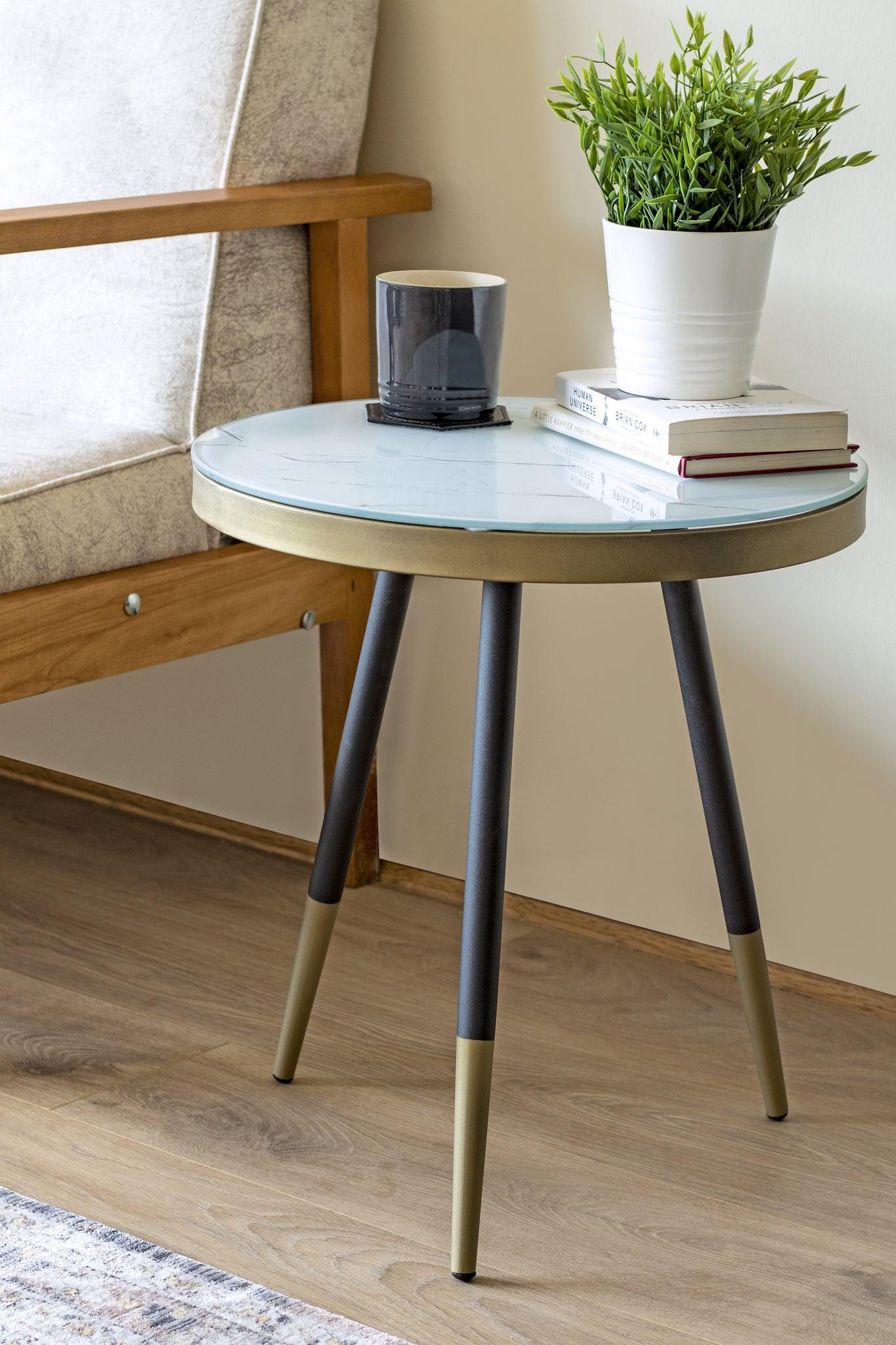 Marble Effect Side Table With Wooden Legs - 45 x 50cm-5056536100733-Bargainia.com