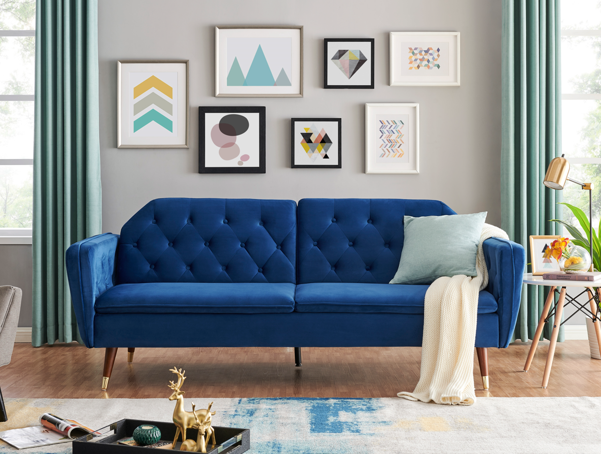 Victoria 3 Seater Velvet Click Clack Sofa Bed - Blue-5056150263630-Bargainia.com