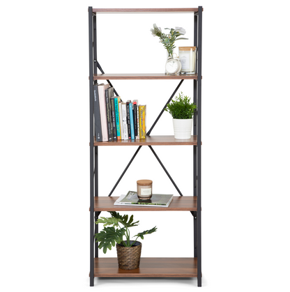 5 Tier Industrial Style Display Unit Book Shelf - Walnut-5056536101617-Bargainia.com