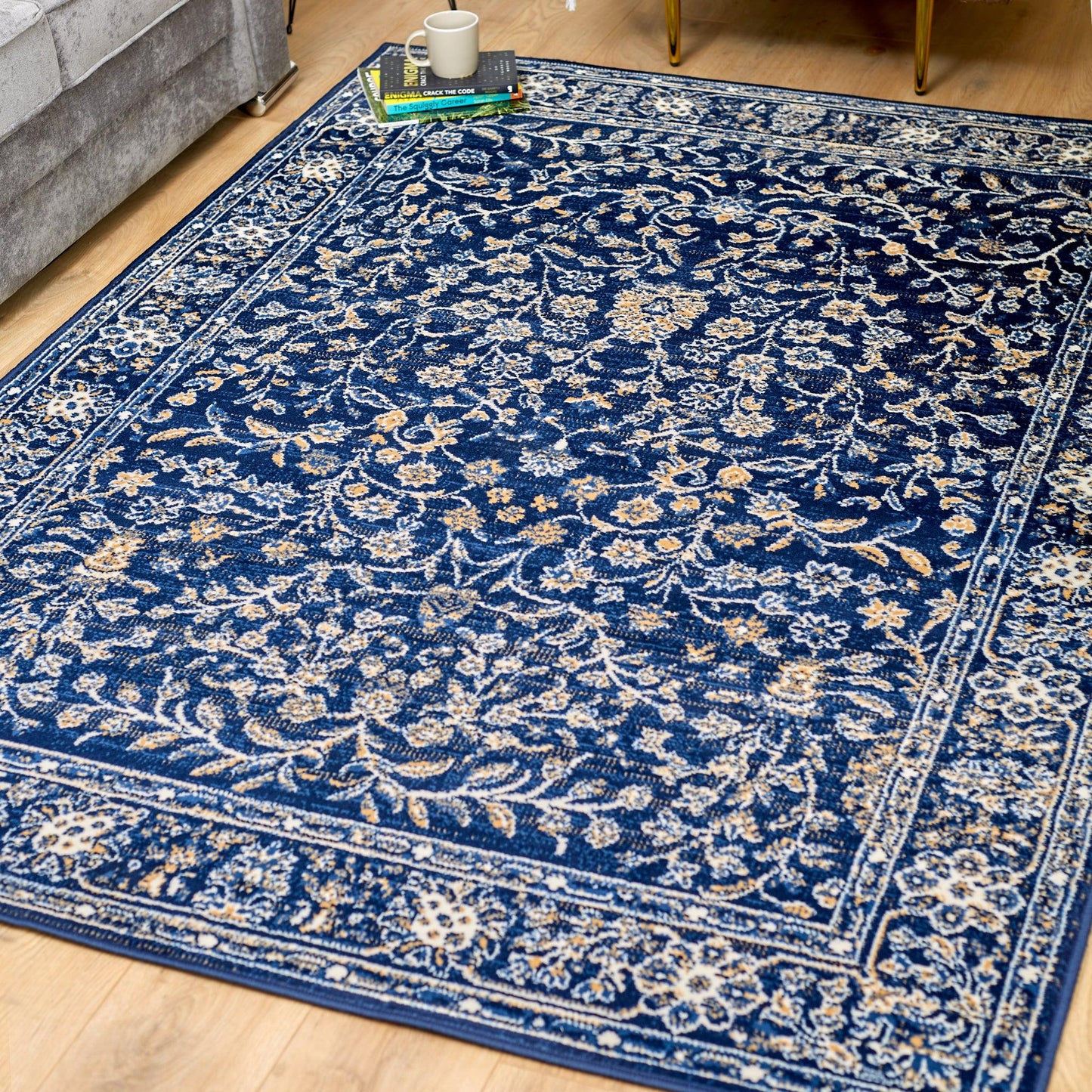 Navy Blue Traditional Floral Rug - Texas-Bargainia.com