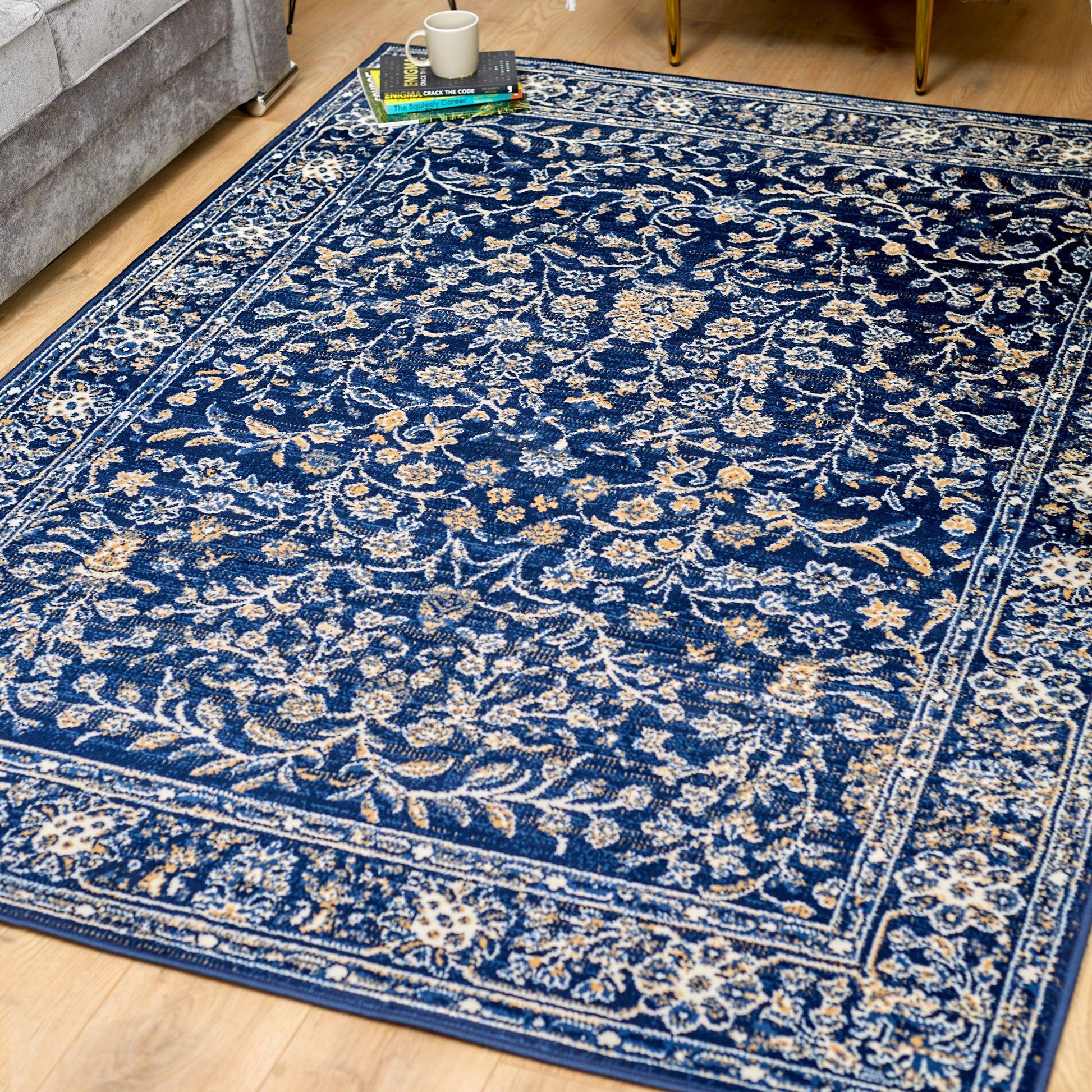 Navy Blue Traditional Floral Rug - Texas-Bargainia.com