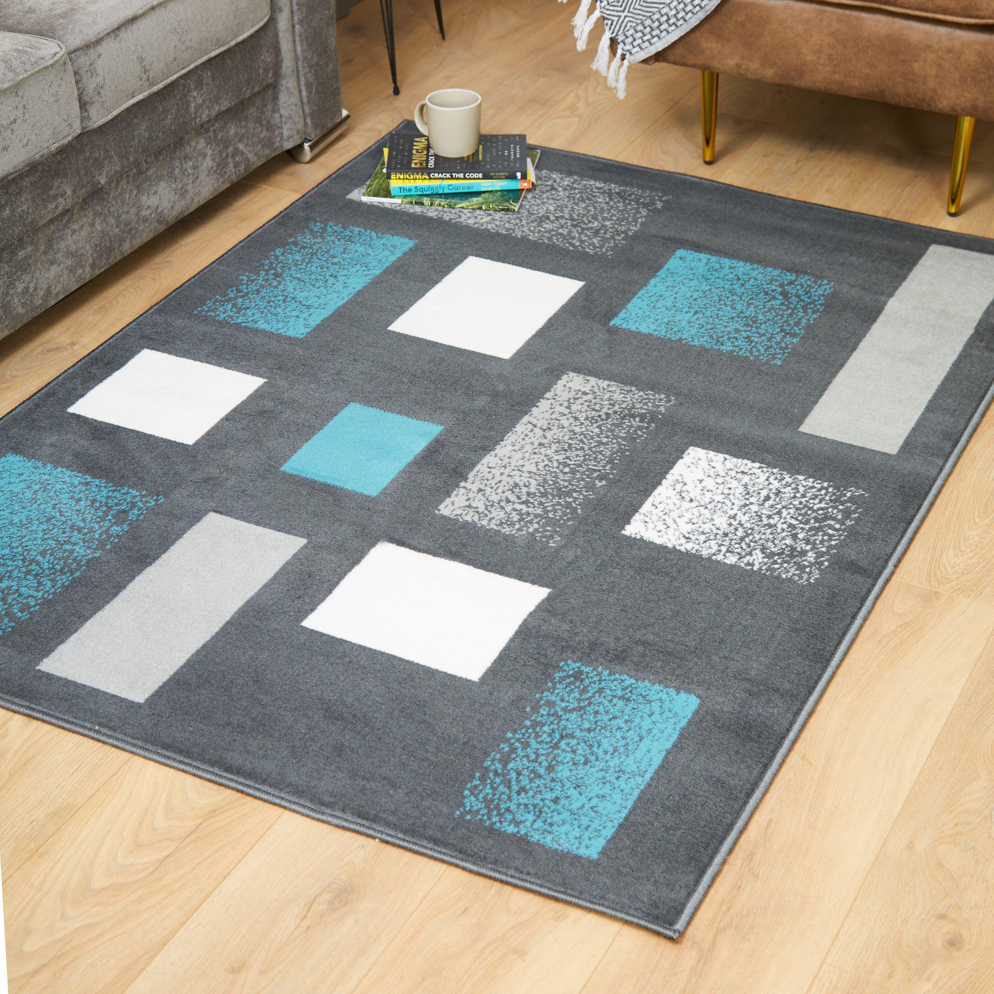 Grey & Teal Contemporary Rectangular Motif Rug - Texas-Bargainia.com