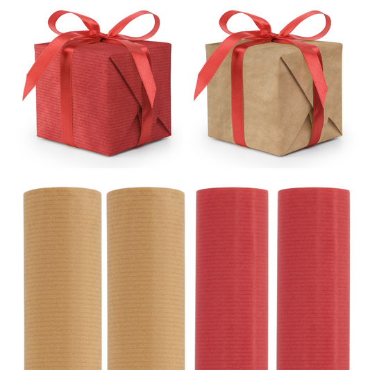 Wrapping Paper - Red & Natural Ribbed Kraft Gift Wrap - Singles or 4 Pack - 3m Roll