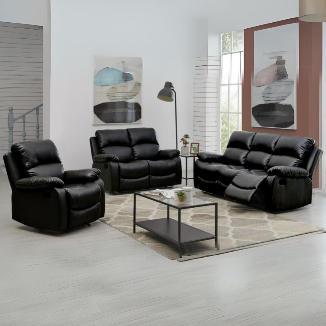 Black Faux Leather Manual Recliner Sofa Suite