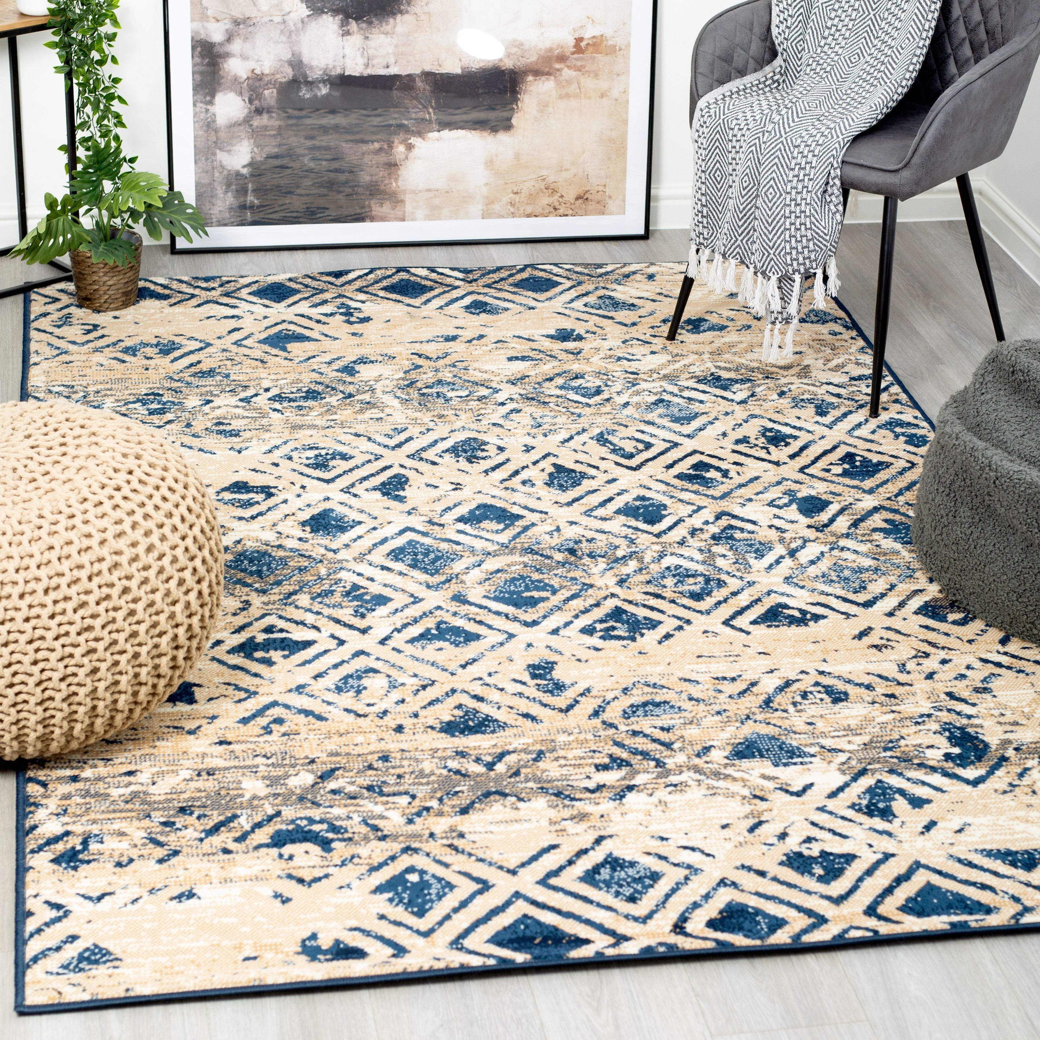 Navy Contemporary Faded Rhombus Design Rug