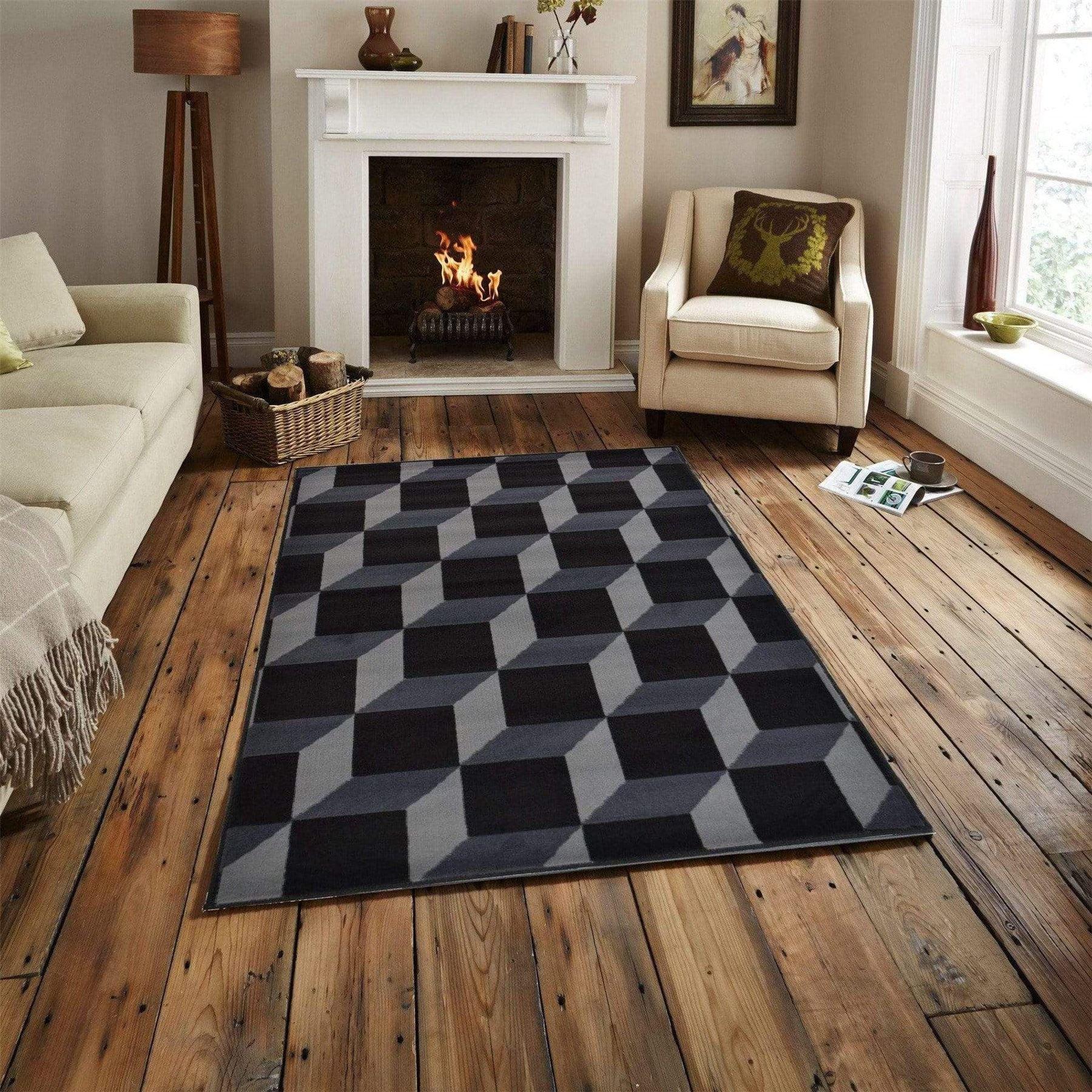 Black/Grey Boxed 3D Effect Rug - Texas-Bargainia.com