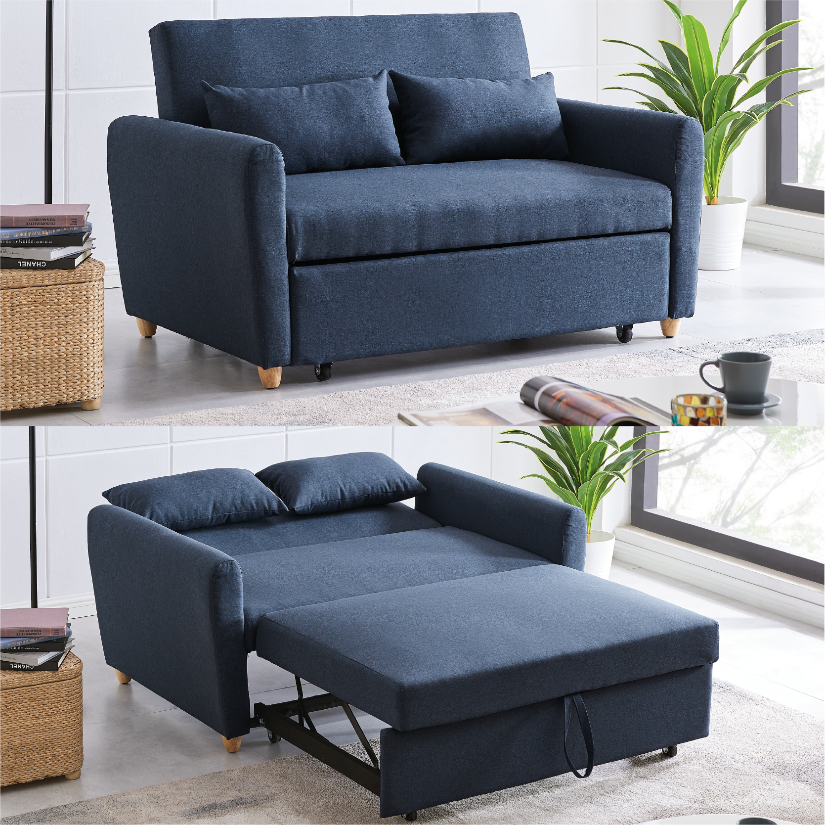 2 Seater Pull Out Sofa Bed | Navy Blue | bargainia.com-Bargainia.com