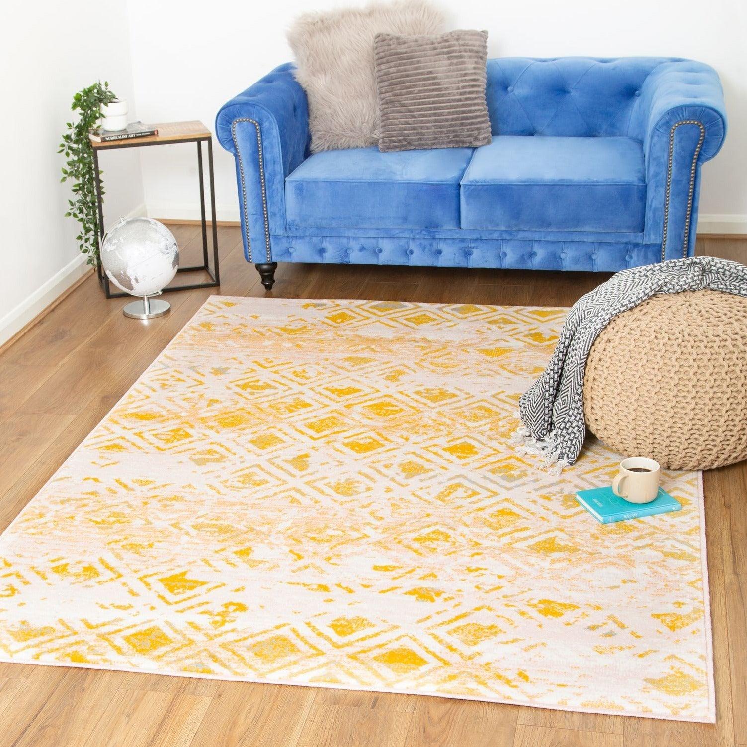 Mustard Contemporary Faded Rhombus Design Rug