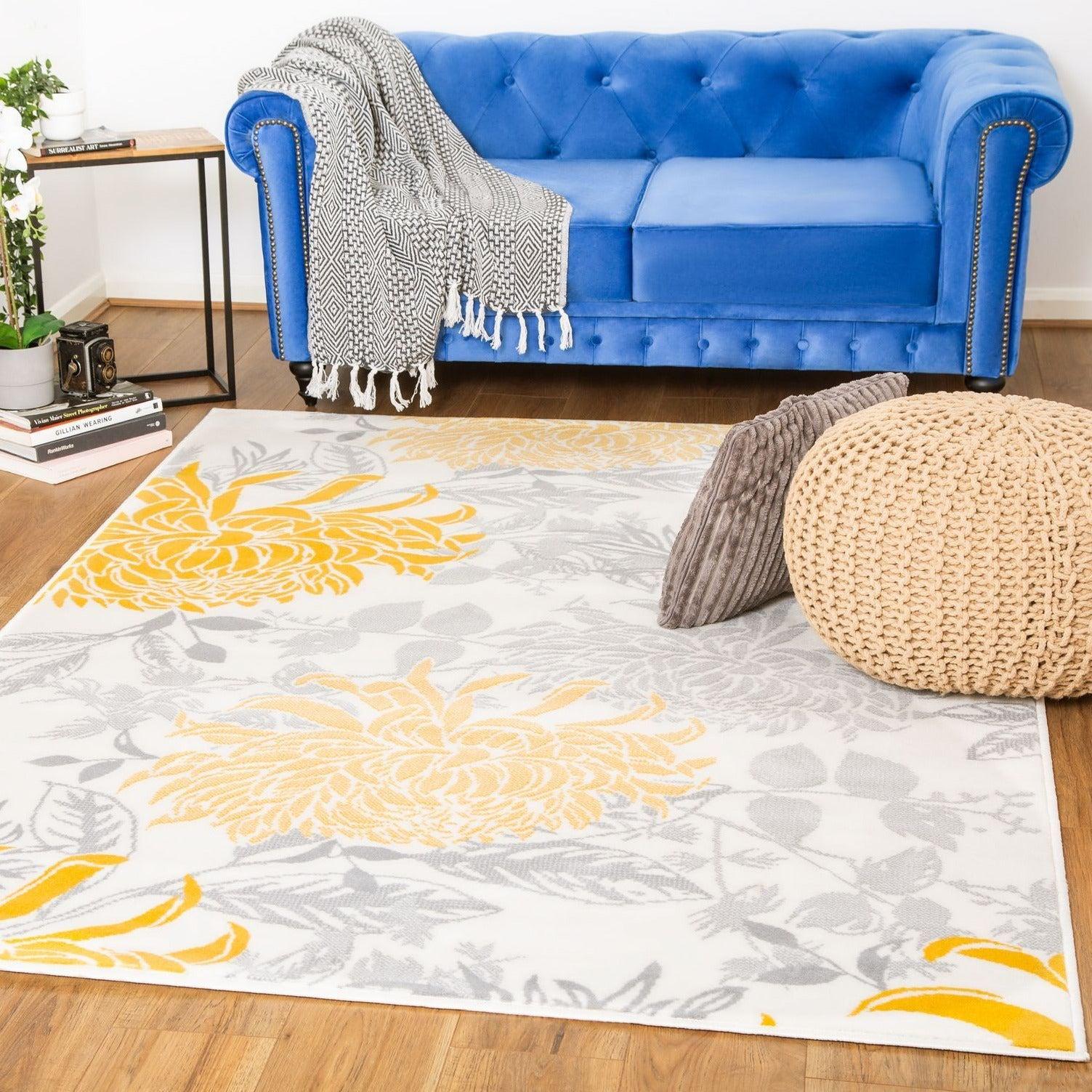 Mustard/Grey Contemporary Peony Flower Design Rug