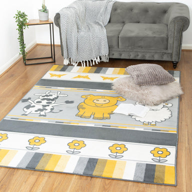 Mustard/Grey Kids Animals Print Rug