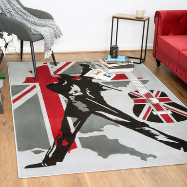 Grey Funky Union Jack Singer Print Rug