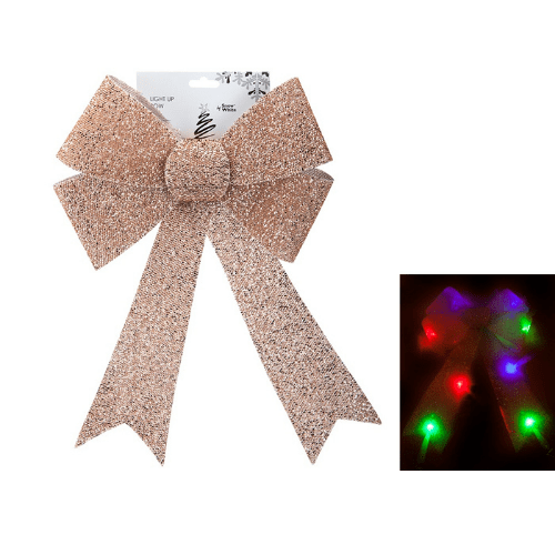 Rose Gold Light Up LED Tinsel Bow - 29 x 43 x 10cm 5050565344595 only5pounds-com