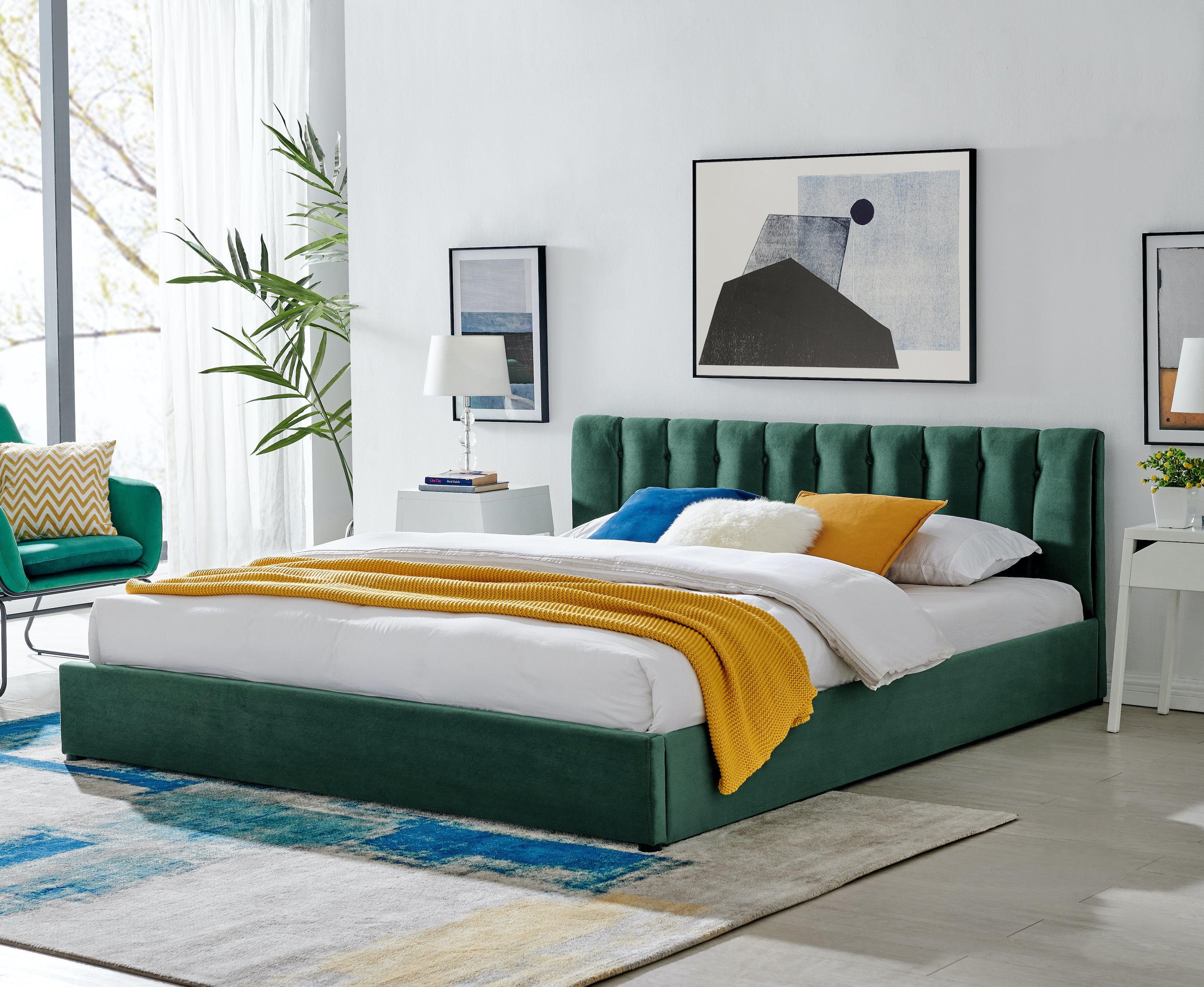 Green Velvet Plush Ottoman Storage Bed Frame - Double / King / Super King