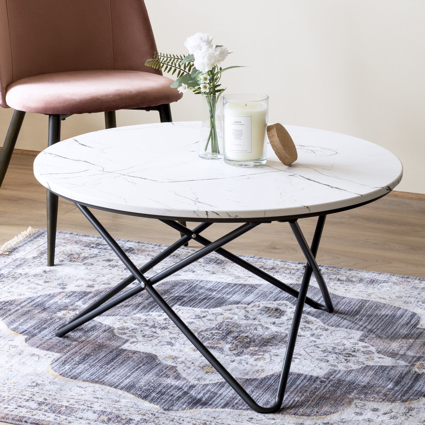 Marble Effect Coffee Table With Metal Legs - 80 x 45cm