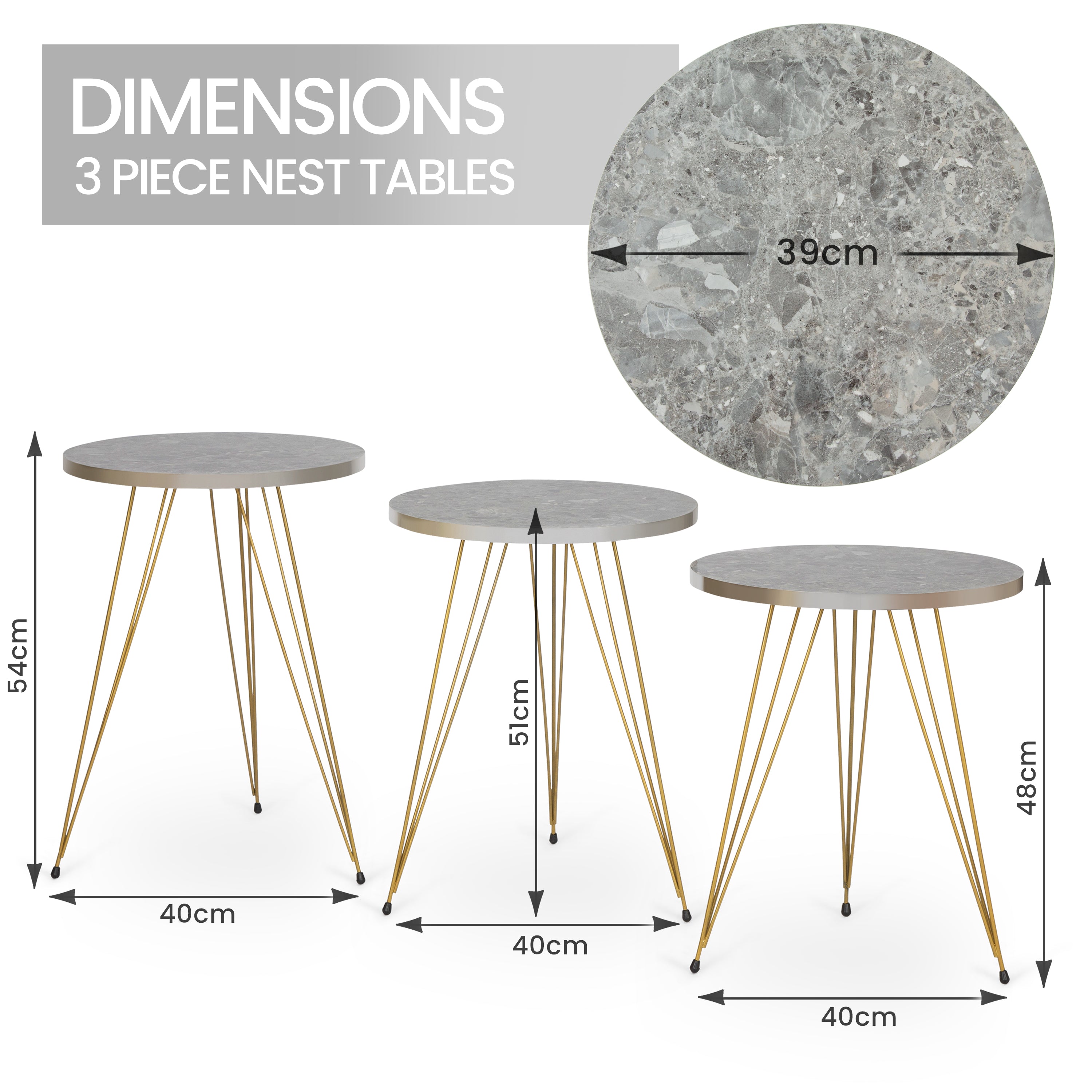 Tigris Set of 3 Round Side Tables - Grey Marble & Gold