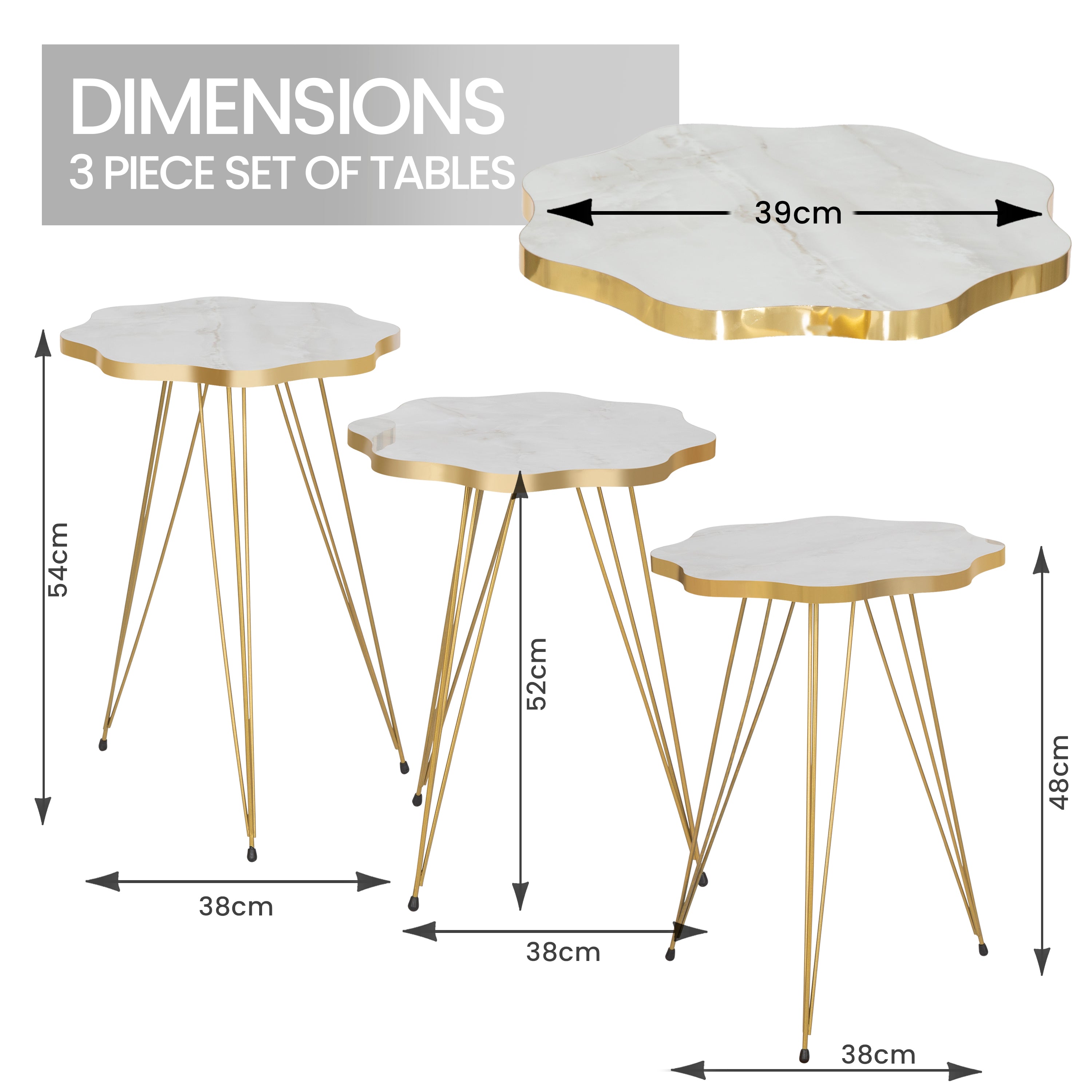 Daisy Set Of 3 Side Tables - White Marble & Gold